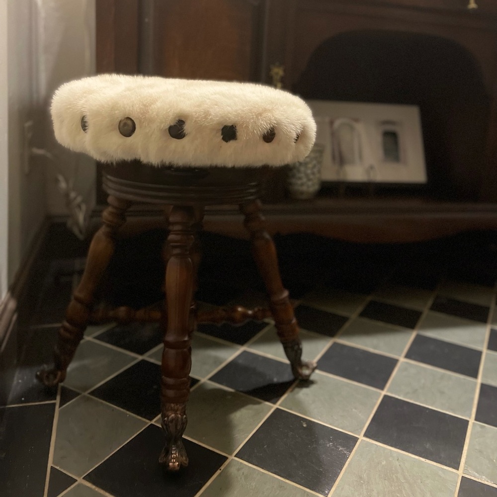 Early 1900s Victorian glass ball & claw foot piano stool with mink seat cushion